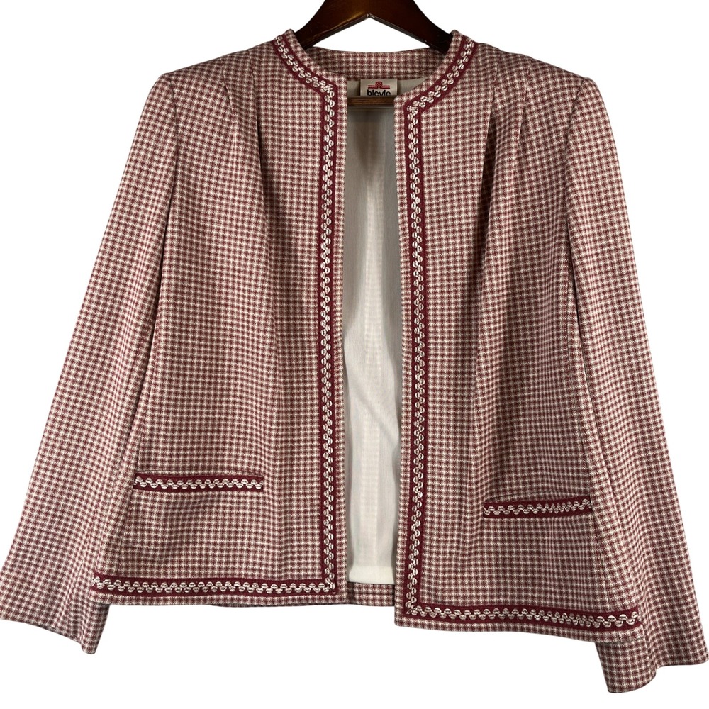 Vintage Bleyle West Germany Houndstooth Open Jacket Women 14 Red White Lined